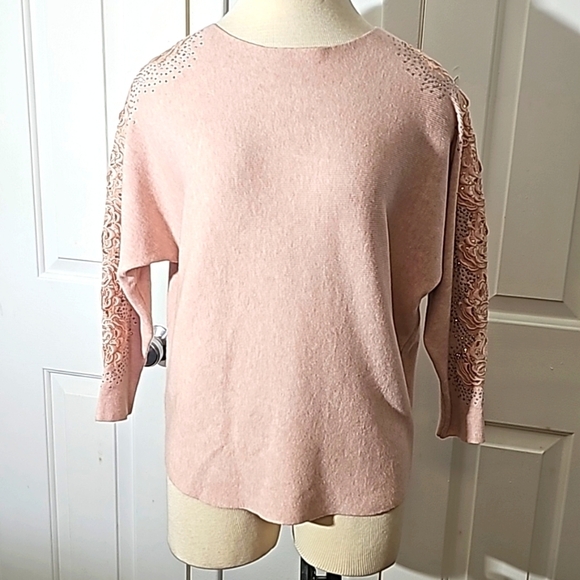 Liv Milano light pink sweater. With rose detail on the sleeve with bling. Medium - Picture 1 of 9